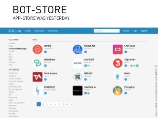 webinale16. Design by Robots. Prof. Andrea Krajewski.
https://botlist.co/bots/filter?platform=13[28.5.16]
BOT-STORE
APP-STORE WAS YESTERDAY
 