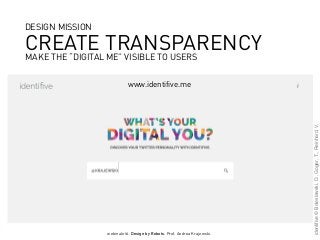 webinale16. Design by Robots. Prof. Andrea Krajewski.
www.identifive.me
identifive©Boleslawski,D.,Goger,T.,Reinhard,V.
CREATE TRANSPARENCY
MAKE THE “DIGITAL ME” VISIBLE TO USERS
DESIGN MISSION
 