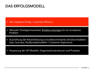 THE MAIN 21
DAS ERFOLGSMODELL
▸  Mentaler Paradigmenwechsel: Kreative Lösungen für ein komplexes
Problem
▸  Ausrichtung der Kreativleistung an kundenorientierten Strukturmodellen:
User Journeys, Kaufprozessmodelle = Customer Experience
▸  Der messbare Erfolg / maximale Effizienz.
▸  Anpassung der GF-Modelle, Organisationsstrukturen und Prozesse
 