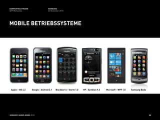 KEMPERTRAUTMANN                    HAMBURG
APP Workshop                       26 November 2010




MOBILE BETRIEBSSYSTEME




 Apple - iOS 4.2    Google - Android 2.1   Blackberry - Storm 1.0   HP - Symbian 9.2   Microsoft - WP7 1.0   Samsung Bada




SENSORY-MINDS GMBH 2010                                                                                                     22
 