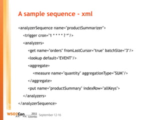 A sample sequence - xml

<analyzerSequence name="productSummarizer">
  <trigger cron="1 * * * * ? *"/>
  <analyzers>
    <get name="orders" fromLastCursor="true" batchSize="3"/>
    <lookup default="EVENT"/>
    <aggregate>
       <measure name="quantity" aggregationType="SUM"/>
    </aggregate>
    <put name="productSummary" indexRow="allKeys">
  </analyzers>
</analyzerSequence>
 