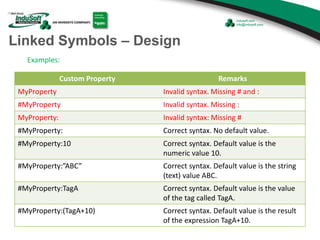 Linked Symbols – Design
Examples:
Custom Property Remarks
MyProperty Invalid syntax. Missing # and :
#MyProperty Invalid syntax. Missing :
MyProperty: Invalid syntax: Missing #
#MyProperty: Correct syntax. No default value.
#MyProperty:10 Correct syntax. Default value is the
numeric value 10.
#MyProperty:”ABC” Correct syntax. Default value is the string
(text) value ABC.
#MyProperty:TagA Correct syntax. Default value is the value
of the tag called TagA.
#MyProperty:(TagA+10) Correct syntax. Default value is the result
of the expression TagA+10.
 