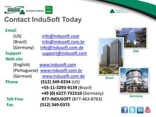 Email
(US) info@indusoft.com
(Brazil) info@indusoft.com.br
(Germany) info@indusoft.com.de
Support support@indusoft.com
Web site
(English) www.indusoft.com
(Portuguese) www.indusoft.com.br
(German) www.indusoft.com.de
Phone (512) 349-0334 (US)
+55-11-3293-9139 (Brazil)
+49 (0) 6227-732510 (Germany)
Toll-Free 877-INDUSOFT (877-463-8763)
Fax (512) 349-0375
Germany
USA
Brazil
Contact InduSoft Today
 