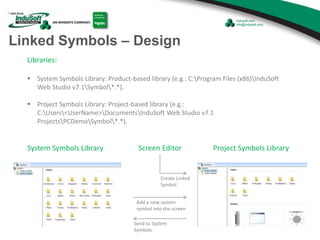 Linked Symbols – Design
Libraries:
 System Symbols Library: Product-based library (e.g.: C:Program Files (x86)InduSoft
Web Studio v7.1Symbol*.*).
 Project Symbols Library: Project-based library (e.g.:
C:Users<UserName>DocumentsInduSoft Web Studio v7.1
ProjectsPCDemoSymbol*.*).
System Symbols Library Project Symbols Library
Create Linked
Symbol
Send to System
Symbols
Screen Editor
Add a new system
symbol into the screen
 