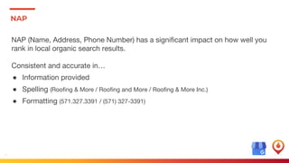16
NAP
NAP (Name, Address, Phone Number) has a significant impact on how well you
rank in local organic search results.
Consistent and accurate in…
● Information provided
● Spelling (Roofing & More / Roofing and More / Roofing & More Inc.)
● Formatting (571.327.3391 / (571) 327-3391)
 