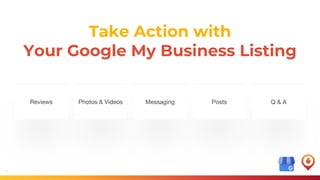 21
Take Action with
Your Google My Business Listing
Reviews Photos & Videos Messaging Posts Q & A
 