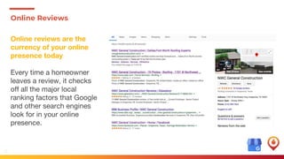 22
Online Reviews
Online reviews are the
currency of your online
presence today
Every time a homeowner
leaves a review, it checks
off all the major local
ranking factors that Google
and other search engines
look for in your online
presence.
 