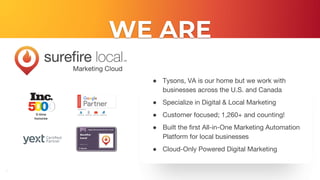 3
● Tysons, VA is our home but we work with
businesses across the U.S. and Canada
● Specialize in Digital & Local Marketing
● Customer focused; 1,260+ and counting!
● Built the first All-in-One Marketing Automation
Platform for local businesses
● Cloud-Only Powered Digital Marketing
5-time
honoree
WE ARE
 
