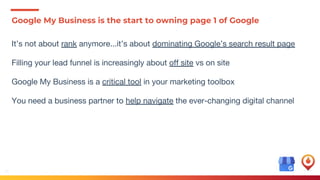 41
Google My Business is the start to owning page 1 of Google
It’s not about rank anymore...it’s about dominating Google’s search result page
Filling your lead funnel is increasingly about off site vs on site
Google My Business is a critical tool in your marketing toolbox
You need a business partner to help navigate the ever-changing digital channel
 