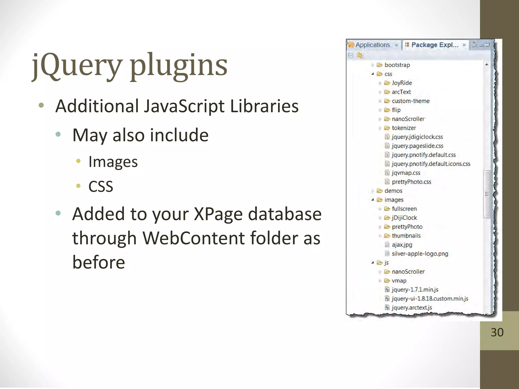 jQuery plugins
• Additional JavaScript Libraries
• May also include
• Images
• CSS
• Added to your XPage database
through WebContent folder as
before
30
 