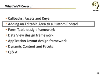 14
What We’ll Cover …
• Callbacks, Facets and Keys
• Adding an Editable Area to a Custom Control
• Form Table design framework
• Data View design framework
• Application Layout design framework
• Dynamic Content and Facets
• Q & A
 