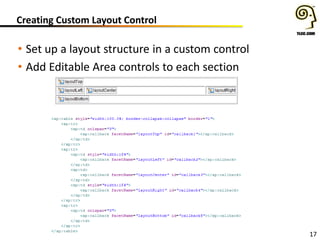 17
Creating Custom Layout Control
• Set up a layout structure in a custom control
• Add Editable Area controls to each section
 