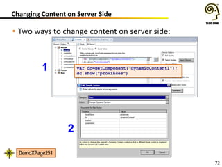 72
Changing Content on Server Side
1
2
var dc=getComponent("dynamicContent1");
dc.show("provinces")
• Two ways to change content on server side:
DemoXPage251
 