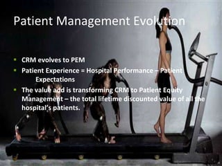 Patient Management Evolution 
 CRM evolves to PEM 
 Patient Experience = Hospital Performance – Patient 
Expectations 
...