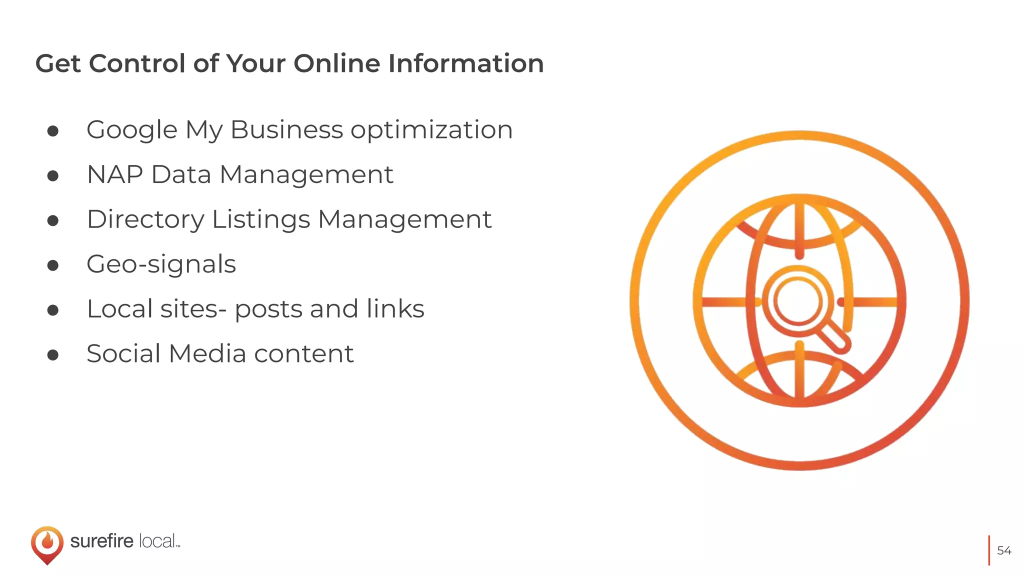 54
Get Control of Your Online Information
● Google My Business optimization
● NAP Data Management
● Directory Listings Management
● Geo-signals
● Local sites- posts and links
● Social Media content
 