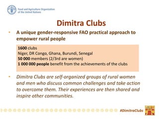 Dimitra Clubs
• A unique gender-responsive FAO practical approach to
empower rural people
• Dimitra Clubs are self-organized groups of rural women
and men who discuss common challenges and take action
to overcome them. Their experiences are then shared and
inspire other communities.
1600 clubs
Niger, DR Congo, Ghana, Burundi, Senegal
50 000 members (2/3rd are women)
1 000 000 people benefit from the achievements of the clubs
#DimitraClubs
 