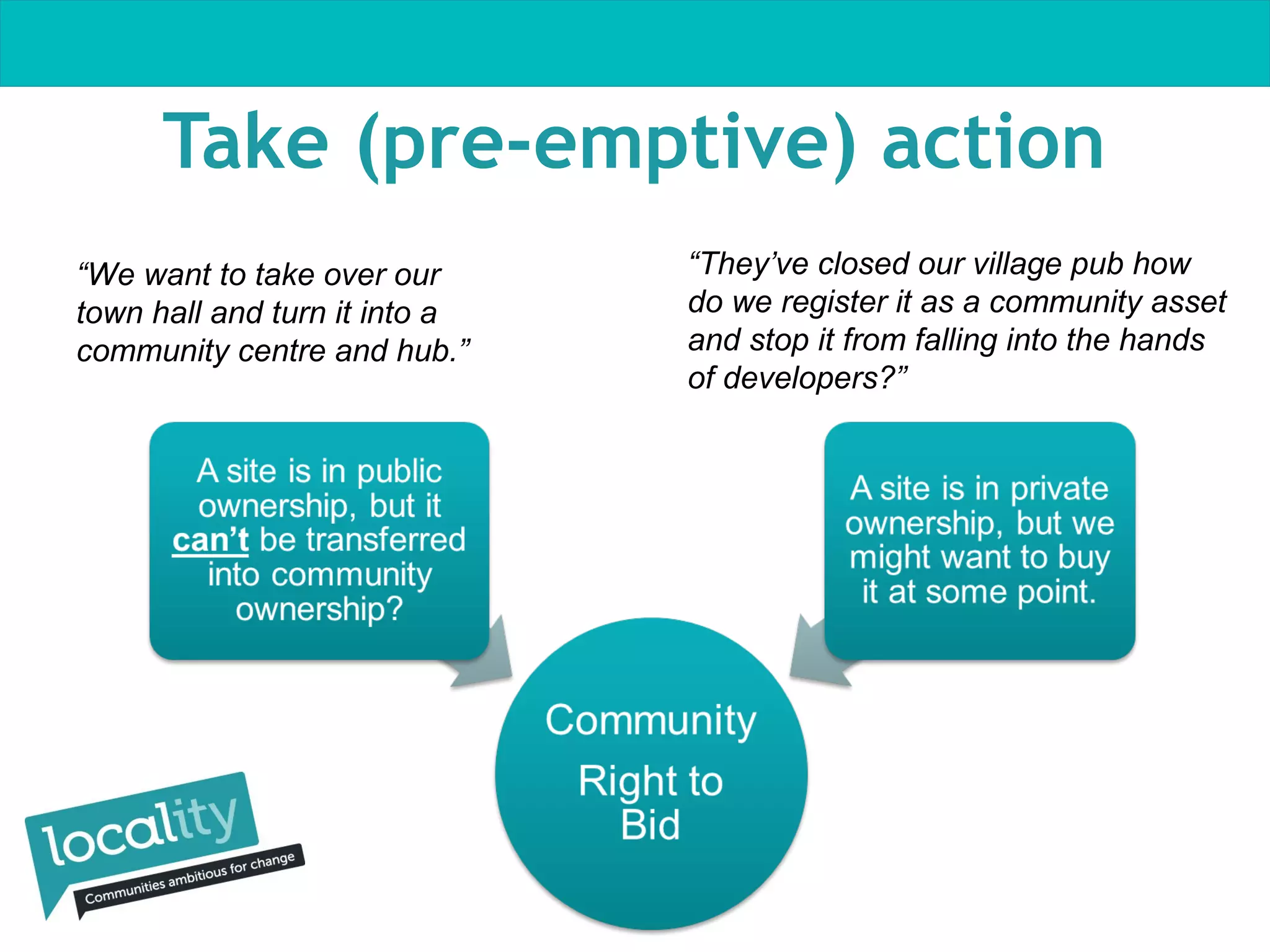 Take (pre-emptive) action
“We want to take over our
town hall and turn it into a
community centre and hub.”

“They’ve closed our village pub how
do we register it as a community asset
and stop it from falling into the hands
of developers?”

 