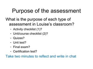 Purpose of the assessment
What is the purpose of each type of
assessment in Louise’s classroom?
- Activity checklist (1)?
- Unit/course checklist (2)?
- Quizes?
- Unit test?
- Final exam?
- Certification test?
Take two minutes to reflect and write in chat
 
