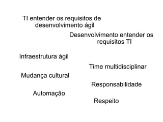 Respeito
TI entender os requisitos de
desenvolvimento ágil
Desenvolvimento entender os
requisitos TI
Infraestrutura ágil
Time multidisciplinar
Mudança cultural
Responsabilidade
Automação
 