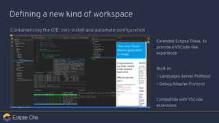 Deﬁning a new kind of workspace
Containerizing the IDE: zero install and automate conﬁguration
Extended Eclipse Theia, to
provide a VSCode-like
experience
Built-in:
⌁ Languages Server Protocol
⌁ Debug Adapter Protocol
Compatible with VSCode
extensions
 