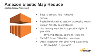 Amazon Elastic Map Reduce
Hosted Hadoop Framework
• Easy to use and fully managed
• Secure
• Resizable clusters to support processing needs
• Support for EC2 spot instances
• Use many query tools to support analysis of
your data
– Hive, Pig, Hbase, Spark, BI Tools, etc
• EMR-FS for an S3 backed data store.
• Direct integration with other AWS data stores
– S3, Redshift, DynamoDB
 