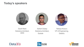 Today’s speakers
Yekesa Kosuru
VP of Engineering,
DataXu
Ashish Dubey
Solutions Architect,
Qubole
Scott Ward
Solutions Architect,
AWS
 