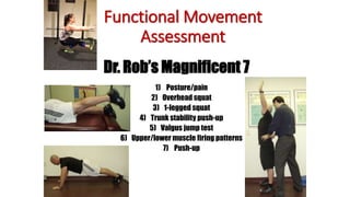 Dr. Rob’s Magnificent 7
1) Posture/pain
2) Overhead squat
3) 1-legged squat
4) Trunk stability push-up
5) Valgus jump test
6) Upper/lower muscle firing patterns
7) Push-up
Functional Movement
Assessment
 