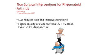 Non Surgical Interventions for Rheumatoid
Arthritis
Christie et al
PT Journal December 2007
• LLLT reduces Pain and improves function!!
• Higher Quality of evidence than US, TNS, Heat,
Exercise, ES, Acupuncture.
 