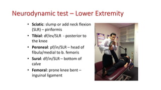 Neurodynamic test – Lower Extremity
• Sciatic: slump or add neck flexion
(SLR) – piriformis
• Tibial: df/ev/SLR - posterior to
the knee
• Peroneal: pf/in/SLR – head of
fibula/medial to b. femoris
• Sural: df/in/SLR – bottom of
calve
• Femoral: prone knee bent –
inguinal ligament
 