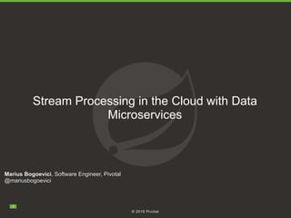 © 2016 Pivotal
!1
Stream Processing in the Cloud with Data
Microservices
Marius Bogoevici, Software Engineer, Pivotal
@mariusbogoevici
 