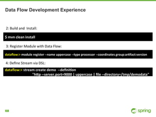 !22
Data Flow Development Experience
dataﬂow:>	module	register	--name	uppercase	--type	processor	--coordinates	group:ar7fact:version	
dataﬂow:>	stream	create	demo		--deﬁni7on	
																															"h=p	--server.port=9000	|	uppercase	|	ﬁle	--directory=/tmp/demodata"	
2:	Build	and		Install:	
$	mvn	clean	install	
3:	Register	Module	with	Data	Flow:	
4:	Deﬁne	Stream	via	DSL:	
 