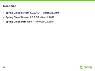 !24
Roadmap
▪ Spring Cloud Stream 1.0.0.RC1 - March 22, 2016
▪ Spring Cloud Stream 1.0.0.GA - March 2016
▪ Spring Cloud Data Flow - 1.0.0.GA Q2 2016
 