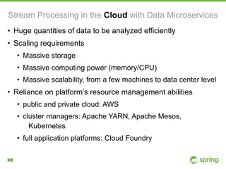 !3
Stream Processing in the Cloud with Data Microservices
• Huge quantities of data to be analyzed efficiently
• Scaling requirements
• Massive storage
• Massive computing power (memory/CPU)
• Massive scalability, from a few machines to data center level
• Reliance on platform’s resource management abilities
• public and private cloud: AWS
• cluster managers: Apache YARN, Apache Mesos,
Kubernetes
• full application platforms: Cloud Foundry
 