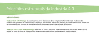 METODOLÓGICOS:
Modularidade (Modularity) - Os sistemas modulares são capazes de se adaptarem (flexibilidade) às mudanças das
necessidades, por meio da substituição ou ampliação dos módulos individuais. Portanto, os sistemas modulares podem ser
facilmente ajustado , no caso de flutuações sazonais ou mudanças nas características do produto.
Produção Enxuta (Lean Manufacturing) – Os fluxos de valor e processos produtivos dever estar ajustados. Redução das
perdas ao longo do fluxo de valor precisam ser entendidas para melhor aproveitamento das tecnologias.
Princípios estruturais da Industria 4.0
 