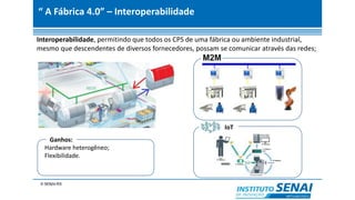 “ A Fábrica 4.0” – Interoperabilidade
Interoperabilidade, permitindo que todos os CPS de uma fábrica ou ambiente industrial,
mesmo que descendentes de diversos fornecedores, possam se comunicar através das redes;
Ganhos:
Hardware heterogêneo;
Flexibilidade.
IoT
 