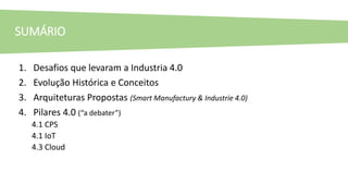 1. Desafios que levaram a Industria 4.0
2. Evolução Histórica e Conceitos
3. Arquiteturas Propostas (Smart Manufactury & Industrie 4.0)
4. Pilares 4.0 (“a debater”)
4.1 CPS
4.1 IoT
4.3 Cloud
SUMÁRIO
 