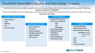 “Selecting SoftNAS Cloud has enabled us to quickly provision and manage storage, which has contributed to a hassle-free experience.” Keith Son -
Director, Infrastructure- iN DEMAND
“I have found SoftNAS Cloud to be a highly reliable, cost-effective and secure solution for storing massive amounts of data in the AWS environment.”
John Crites - CIO - Modus
Cloud NAS Solves Many Security and Data Design Concerns
SECURITY AND ACCESS
DATA PROTECTION
• Active Directory
• LDAP
• IAM Role
• VPC
• Security Groups
• Block replication
• Encryption
• Instant snapshots
• Writable SnapClones™
• High Availability
• ZFS on Linux
PERFORMANCE
• Dedicated Infrastructure
• Performance adaptable
Disk
SSD
Networking
• No Burst limitations
• Dedicated storage
throughput
• Compression
• Inline deduplication
• Multi-level caching
FLEXIBILITY
• Scales to petabytes
• Multi Platform/Cloud
• Block and Object Storage
Elastically switch to
“new” storage
options
• CIFS
• NFS
• iSCSI
• Thin provisioning
© 2017 SoftNAS®, Inc.
 