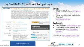 Try SoftNAS Cloud Free for 30 Days
23
CxOs:
• AWS TCO Calculator: bit.ly/aws-
tco
• Have your technical lead start a
free trial
softnas.com/tryaws
Technical:
• Learn More – bit.ly/softnas_aws
• SoftNAS Architecture on AWS
White Paper – bit.ly/softnas-
aws-wp
Contact Us – softnas.com/contact
softnas.com/tryaws
© 2017 SoftNAS®, Inc.
 