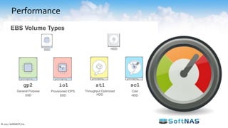 Performance
• Dedicated vs. Shared Infrastructure
– Dedicated instances provide the ability to tune
performance
– Shared infrastructure can be cost effective but multi-
tenancy means tuning is programmatic
• Bursting and Burst Limitations
– Design with the ability to burst beyond peak load
– Understand the pros and cons of “burst credits”if used
in the design
• Predictable Performance Levels
– Use benchmark programs to validate baseline
performance
• Storage Throughput and IOPS
– Determine storage tier suited for your use-case
How to plan for performance for now and the future?
© 2017 SoftNAS®, Inc.
EBS Volume Types
General Purpose
SSD
gp2
Provisioned IOPS
SSD
io1
Throughput Optimized
HDD
st1
Cold
HDD
sc1
SSD HDD
 