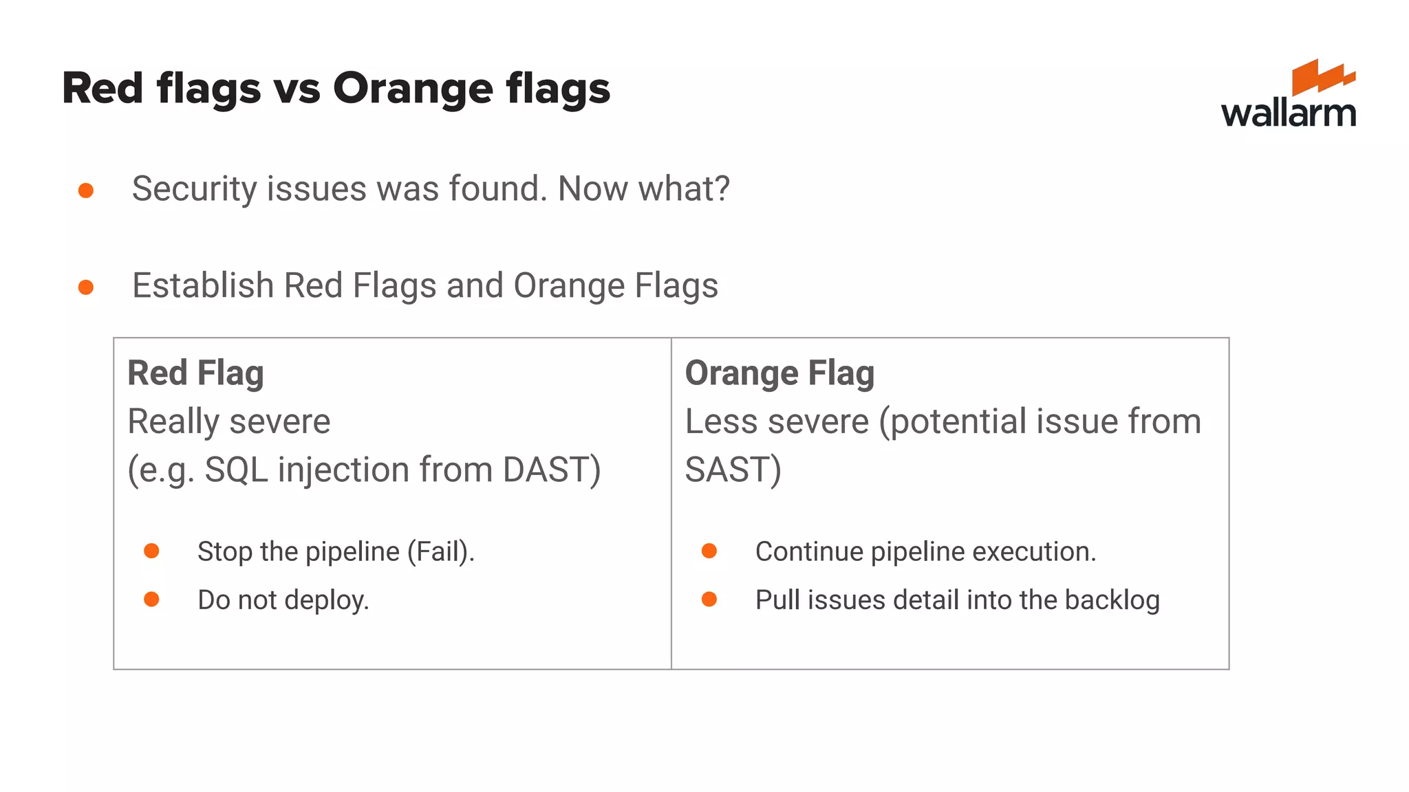 Red ﬂags vs Orange ﬂags
● Security issues was found. Now what?
● Establish Red Flags and Orange Flags
Red Flag
Really severe
(e.g. SQL injection from DAST)
● Stop the pipeline (Fail).
● Do not deploy.
Orange Flag
Less severe (potential issue from
SAST)
● Continue pipeline execution.
● Pull issues detail into the backlog
 