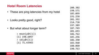 © 2017 MapR Technologies 31
Hotel Room Latencies
• These are ping latencies from my hotel
• Looks pretty good, right?
• But what about longer term?
208.302
198.571
185.099
191.258
201.392
214.738
197.389
187.749
201.693
186.762
185.296
186.390
183.960
188.060
190.763
> mean(y$t[i])
[1] 198.6047
> sd(y$t[i])
[1] 71.43965
 