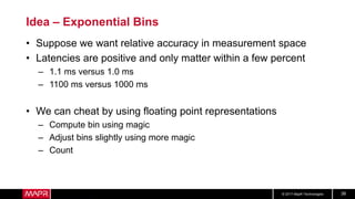 © 2017 MapR Technologies 38
Idea – Exponential Bins
• Suppose we want relative accuracy in measurement space
• Latencies are positive and only matter within a few percent
– 1.1 ms versus 1.0 ms
– 1100 ms versus 1000 ms
• We can cheat by using floating point representations
– Compute bin using magic
– Adjust bins slightly using more magic
– Count
 
