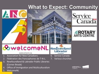 What to Expect: Community
1. Association for New Canadians
2. Fédération des francophones de T-N-L.
3. Newfoundland & Labrador Public Libraries
(Corner Brook)
4. Office of Immigration and Multiculturalism
5. WelcomeNL
6. Service Canada
7. Various churches
 