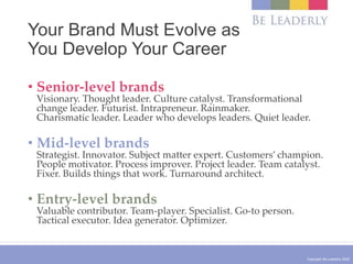 Copyright Be Leaderly 2020
Your Brand Must Evolve as
You Develop Your Career
• Senior-level brands
Visionary. Thought lead...