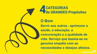 CATEGORIAS
de GRANDES Propósitos4
Coube ao filósofo grego Platão articular
uma tríade de ideias transcendentes - o
Bom, o Verdadeiro e o Belo - , os quais a
humanidade tem procurado ao longo de
milhares de anos.
O Bom
Servir aos outros - aprimorar a
saúde, a educação, a
comunicação e a qualidade de
vida. Serviço que baseia-se na
genuína empatia com as
necessidades e desejos alheios.
CATEGORIAS
de GRANDES Propósitos4
@niviodelgado
 