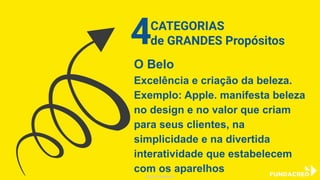 CATEGORIAS
de GRANDES Propósitos4
Coube ao filósofo grego Platão articular
uma tríade de ideias transcendentes - o
Bom, o Verdadeiro e o Belo - , os quais a
humanidade tem procurado ao longo de
milhares de anos.
O Belo
Excelência e criação da beleza.
Exemplo: Apple. manifesta beleza
no design e no valor que criam
para seus clientes, na
simplicidade e na divertida
interatividade que estabelecem
com os aparelhos
CATEGORIAS
de GRANDES Propósitos4
@niviodelgado
 