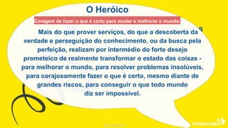 CATEGORIAS
de GRANDES Propósitos4
Coube ao filósofo grego Platão articular
uma tríade de ideias transcendentes - o
Bom, o Verdadeiro e o Belo - , os quais a
humanidade tem procurado ao longo de
milhares de anos.
O Heróico
Coragem de fazer o que é certo para
mudar e melhorar o mundo.
CATEGORIAS
de GRANDES Propósitos4Mais do que prover serviços, do que a descoberta da
verdade e perseguição do conhecimento, ou da busca pela
perfeição, realizam por intermédio do forte desejo
prometeico de realmente transformar o estado das coisas -
para melhorar o mundo, para resolver problemas insolúveis,
para corajosamente fazer o que é certo, mesmo diante de
grandes riscos, para conseguir o que todo mundo
diz ser impossível.
O Heróico
Coragem de fazer o que é certo para mudar e melhorar o mundo.
@niviodelgado
 
