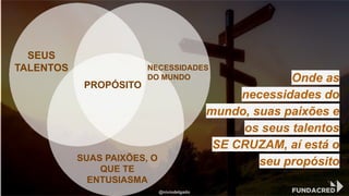 Onde as
necessidades do
mundo, suas paixões e
os seus talentos
SE CRUZAM, aí está o
seu propósito
PROPÓSITO
NECESSIDADES
DO MUNDO
SEUS
TALENTOS
SUAS PAIXÕES, O
QUE TE
ENTUSIASMA
@niviodelgado
 