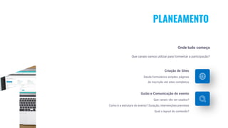 PLANEAMENTO
Onde tudo começa
Que canais vamos utilizar para formentar a participação?
Criação de Sites
Desde formulários simples, páginas
de inscrição até sites completos
Guião e Comunicação do evento
Que canais vão ser usados?
Como é a estrutura do evento? Duração, intervenções previstas
Qual o layout do conteúdo?
 