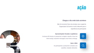 AÇÃO
Chegou o dia onde tudo acontece
Não há momento físico da entrada, mas o papel do
Organizador do Evento é muito relevante para a
experiência do participante
Apresentações focadas e apelativas
Se durava 40 minutos no presencial, no digital o desafio é focar em
menor tempo, transmitir mensagens mais fortes e interagir.
Quiz e Q&A
Os participantes a produzirem conteúdo com
questões, votações relevantes.
 